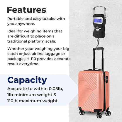 AWS Digital Luggage Scale, Fish Weighing Scale, Hanging Scale 110lb/50kg – Die-Cast Metal Construction, Built-in Tape Measure, Hook & Handle – for Travel, Fishing, Archery, Hunting, Outdoor (Black)
