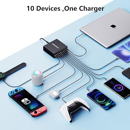 320W USB C Charger Block, 10-Port USB C Charging Station GaN III PD 65W Laptop Fast Charger Adapter for MacBook Pro/Air, DELL, iPad, iPhone, Samsung Galaxy Black