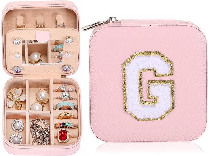 Small Jewelry Box Travel Jewelry Case Jewelry Holder Organizer,Travel Essentials Box Jewelry Organizer,Personalized Birthday Gifts for Teen Girls Women Initial G, pink
