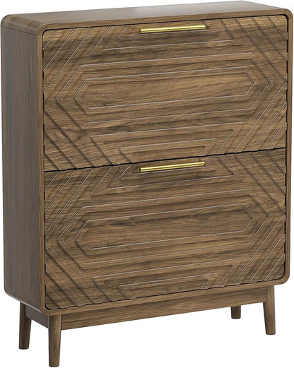 Spaco Walnut Shoe Cabinet for Entryway,Narrow Shoe Storage Cabinet with 2 Flip Drawers,Slim Shoe Rack Organizer for Hallway