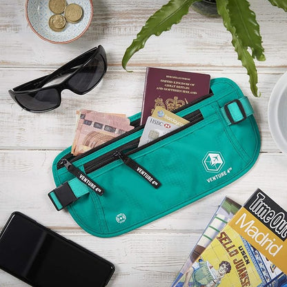 VENTURE 4TH Money Belt for Travel – Hidden Under-Clothes RFID Blocking Passport Holder & Slim Travel Wallet Pouch for Men & Women to Protect Cash, Cards & Documents (Turquoise)