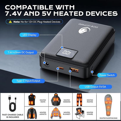 SNOW LEOPARD Heated Vest Battery Pack 7.4v 16000mah Power Bank for Heated Jacket with LED Display Battery Pack for Heating Vest with Dc/USB/Type-C Output for Heated Blanket Clothing for Men Women