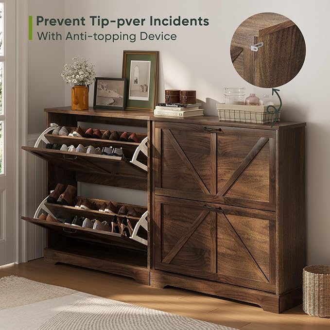 Shoe Cabinet, Shoe Storage Cabinet for Entryway with 2 Flip Drawers, Narrow Farmhouse Shoe Organizer Cabinet, Slim Shoe Rack Cabinet, 31.5in Walnut