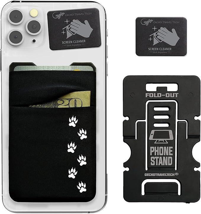 Gecko Travel Tech Double Pocket - Adhesive Card Holder - Cell Phone Pouch - Stick on Spandex Pocket - Carry Credit Cards and Cash (Black - CAT PAW)