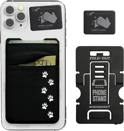 Gecko Travel Tech Double Pocket - Adhesive Card Holder - Cell Phone Pouch - Stick on Spandex Pocket - Carry Credit Cards and Cash (Black - CAT PAW)
