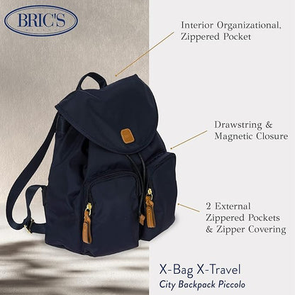 Bric's X-Travel Piccolo City Backpack 10", Water-Resistant Satin Nylon Daypack with Leather Details, Drawstring Closure, Adjustable Straps and Multi-Pocket Organization - Navy