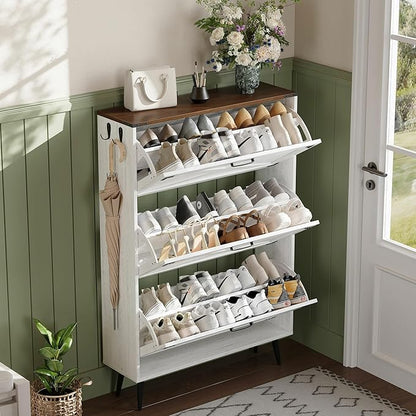 Shoe Organizer Cabinet Narrow with 3 Flip Drawers Shoe Rack Cabinet Hidden Slim Freestanding Shoe Storage Cabinet 24 Shoes for Entryway,Living Room, White Walnut