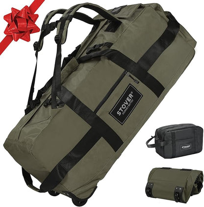 STOVER 100L Rolling Duffel Bag with Wheels, X-Large Durable Travel Duffle + Toiletry Bag, Heavy Duty, Packable with Shoulder Straps- Use as Luggage or Backpack, Men/Women (Green)
