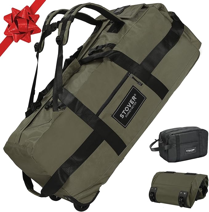 STOVER 80L Rolling Duffel Bag with Wheels, Large 31 Inch Durable Travel Duffle + Toiletry Bag, Heavy Duty, Packable, Foldable w/Shoulder Straps- Use as Luggage or Backpack, Men/Women (Green)
