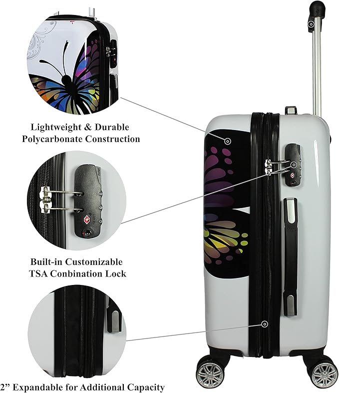 World Traveler Butterfly 28-Inch Polycarbonate Hardside Expandable Spinner Luggage with Enhanced Wheel System