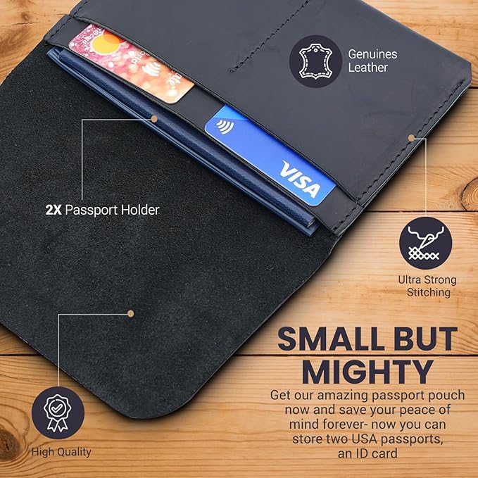 Leather Passport Holder with Travel Wallet, Genuine Leather Passport Cover- Passport Wallet, Leather Folding Wallet for Passports (Strap, Black)