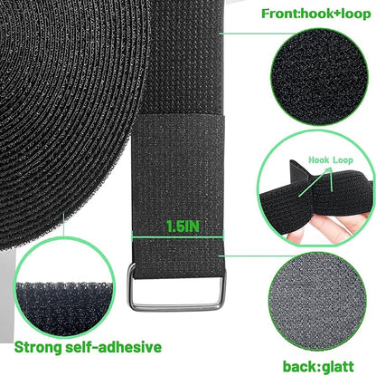 1.5inx32ft Hook and Loop Cable Straps with 30 Metal Buckles, Adjustable Fastening Straps, Reusable Free Cut Length Cord Straps, Wire Organizers for Cable Ties Roll