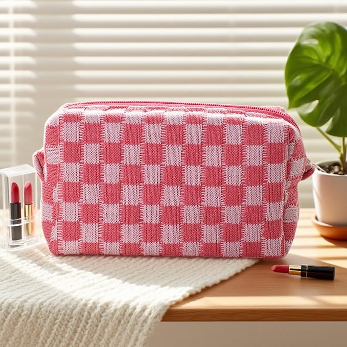 48 PACK Checkered Makeup Bag- Bulk Bridesmaid Proposal Gifts Makeup Pouch for Wedding Party Favors Bachelorette Party Decorations Toiletry Organizer Bag Cosmetic Case Gift (Pink)