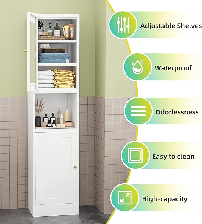Tall Narrow Storage Cabinet - 67" Slim Bathroom Organizer with 3 Adjustable Shelves, 2 Doors (Left/Right Opening),Metal Floor Cabinet for Small Spaces, Bathroom & Kitchen (Glass, White)