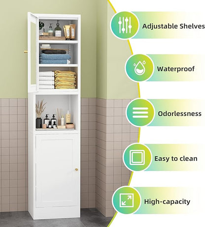 Tall Narrow Storage Cabinet - 67" Slim Bathroom Organizer with 3 Adjustable Shelves, 2 Doors (Left/Right Opening),Metal Floor Cabinet for Small Spaces, Bathroom & Kitchen (Glass, White)