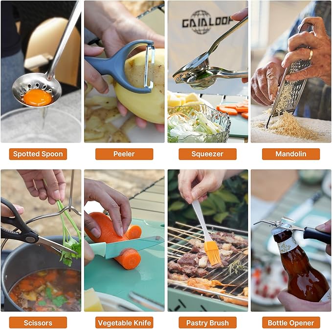 Portable Camping Cooking Utensils Set, Camp Kitchen & Campfire Cooking Equipment, RV Essentials, Camper Must-Haves Accessories, Outdoors Cookware, Christmas Stocking Stuffers Gifts