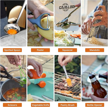 Portable Camping Cooking Utensils Set, Camp Kitchen & Campfire Cooking Equipment, RV Essentials, Camper Must-Haves Accessories, Outdoors Cookware, Christmas Stocking Stuffers Gifts