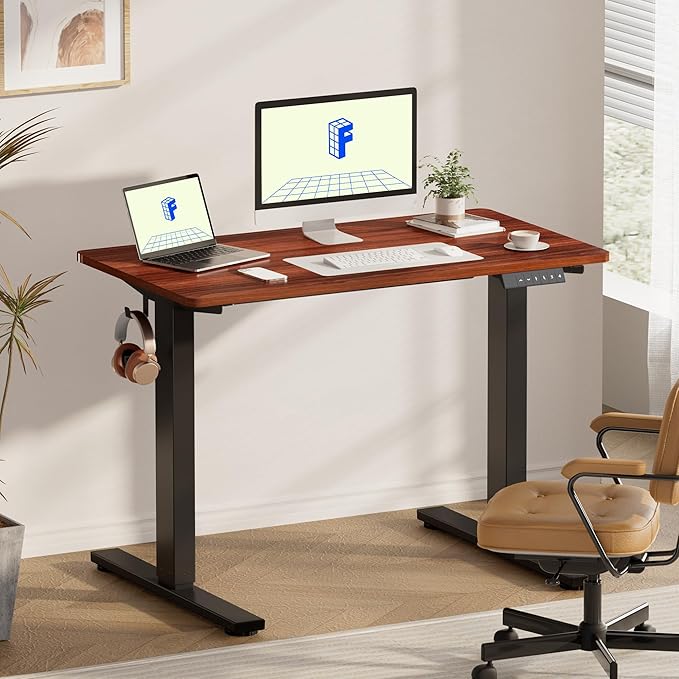 FLEXISPOT EN1 One-Piece Standing Desk with 1-Inch Thick Desktop, 48"x30" Electric Height Adjustable Desk for Home Office & Multi-Device Workstations, Mahogany