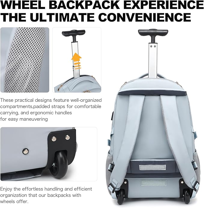 Boavan Rolling Backpack for Women, 17.3 Inch Wheeled Laptop Backpack,Large Travel Carry-On Bag for Teachers College Students, USB Charging Port Waterproof Business for Airplane Overnight Luggage，Blue