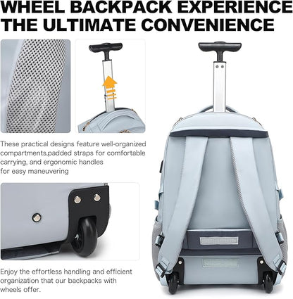 Boavan Rolling Backpack for Women, 17.3 Inch Wheeled Laptop Backpack,Large Travel Carry-On Bag for Teachers College Students, USB Charging Port Waterproof Business for Airplane Overnight Luggage，Blue