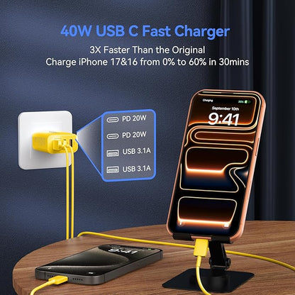 USB C Wall Fast Charger Block, 40W 4-Port Type C Chargers Fast Charging Blocks PD Power Charger Adapter+QC 3.0 USB Multiport Charger Brick for Phone 17/16/15/14/13/12 Pro Max, i-Pad, Galaxy S25-2Pack