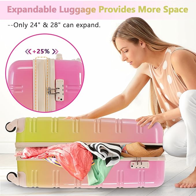 Merax Suitcase Set, Hardshell Luggage Sets 3 Piece with Spinner Wheels, Expandable Gradient Color Suitcase with TSA Lock Lightweight 20" 24" 28", Pink and Green