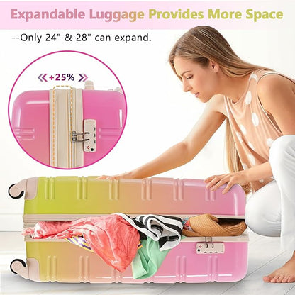 Merax Luggage Sets 3 Piece, Hardside Expandable Suitcase Set with Spinner Wheels, Lightweight Multicolor 20+24+28 IN Suitcase with Carry on Luggage, Gradient Pink