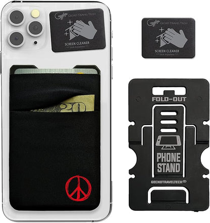 Gecko Travel Tech Double Pocket - Adhesive Card Holder - Cell Phone Pouch - Stick on Spandex Pocket - Carry Credit Cards and Cash (Peace)
