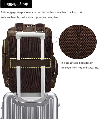 LANNSYNE Vintage Genuine Leather Backpack for men, 15.6" Laptop Backpack Travel Camping 24L Rucksack