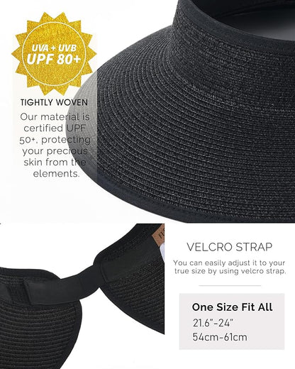 FURTALK Sun Hats for Women Wide Brim Beach Hat Straw Visor Ponytail Summer UV Packable Foldable Beach Vacation Essentials