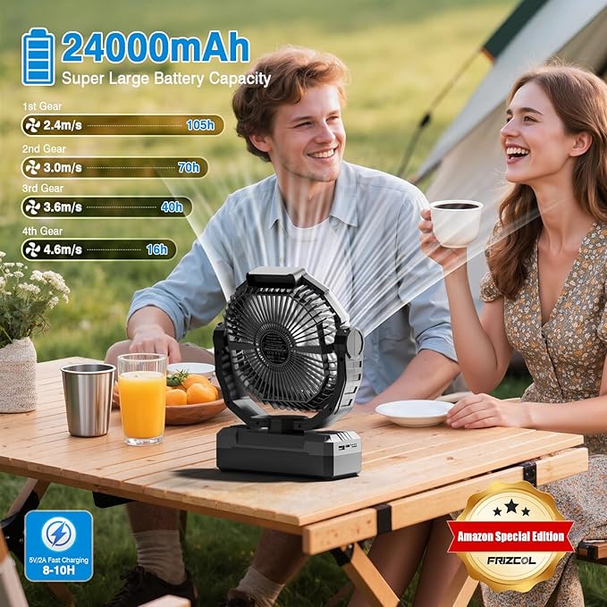 FRIZCOL 3-in-1 Camping Fan - Portable Fans Rechargeable - 24000mAh Battery Powered Fan(105Hrs) with Light & Remote for Indoor, Outdoor, Tent, Travel, Fishing, Jobsite, Gifts for Men Dad Him - Black