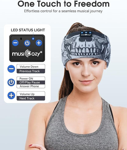 MUSICOZY Sleep Headphones Bluetooth Headband, Wireless Sleeping Headphones Music Sport Headbands, Long Time Play Sleeping Headsets Built-in Thin Speakers, Skulls Design for Sleeping Yoga