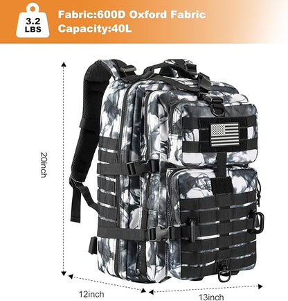 MOLLE Assault Backpack, Tactical Backpack Military Army Camping Rucksack, 3-Day Pack Trip w/USA Flag Patch, D-Rings, Black White camo