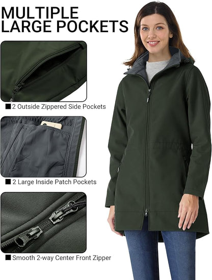 Outdoor Ventures Women's Softshell Jacket with Removable Hood Fleece Lined Windbreaker Insulated Long Warm Rain Jacket