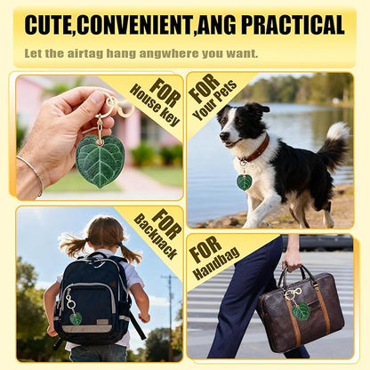 Leather Keychain for Airtag, Cute Protective Keychain Holder Compatible with Apple Air Tag,GPS Item Tracker Case Cover for Keys,Bags,Pets,Luggage(Leaf)