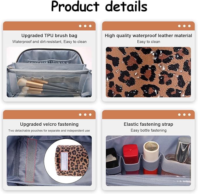 BOYATU Travel Makeup Bag for Women: 3 Pcs Set Portable Make up Bags with Handle - Leopard Print Cosmetic Bags with Comparments - Waterproof Vegan Leather Toiletry Bag (01-A-Brown)