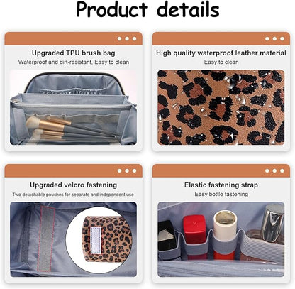 BOYATU Travel Makeup Bag for Women: 3 Pcs Set Portable Make up Bags with Handle - Leopard Print Cosmetic Bags with Comparments - Waterproof Vegan Leather Toiletry Bag (01-A-Brown)