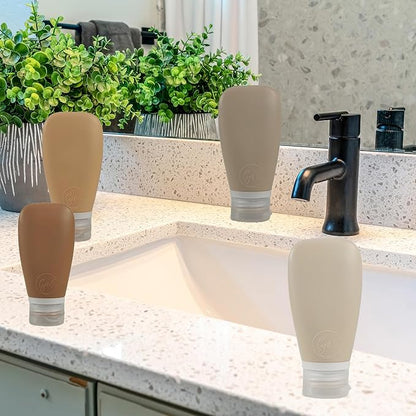 Travel Bottles for Toiletries, TSA Approved 3 oz Leak Proof Silicone Refillable Squeeze Travel Size Containers BPA Free for Cleansers, Lotions, Shampoo w/Clear Bag (Earth Tone Colors)