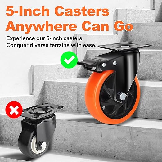 QNCZ Caster Wheels, 5 Inch Heavy Duty Casters Set of 4, Silent Industrial Casters Load 2600lbs, Swivel Casters for Furniture, Workbench and Cart Wheels