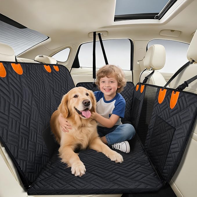 Hard Bottom Dog Car Seat Cover for Back Seat, Scratch-Resistant Heavy-Duty Extended Dog Car Seat Cover, Waterproof Car Hammock with Breathable Mesh (Black, Large)
