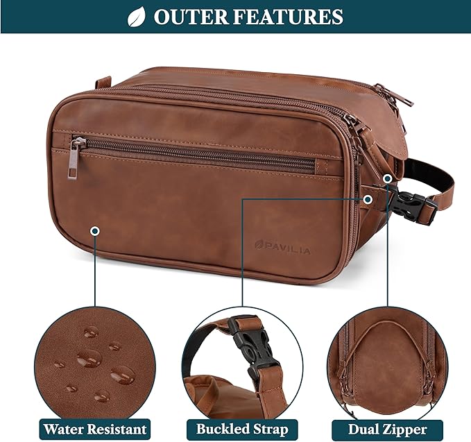 PAVILIA Large Toiletry Bag for Men Women, Mens Travel Bag Toiletries Organizer Case for Grooming, Travel Essentials Shaving Dopp Kit, PU Leather Water Resistant Cosmetic Pouch, Brown
