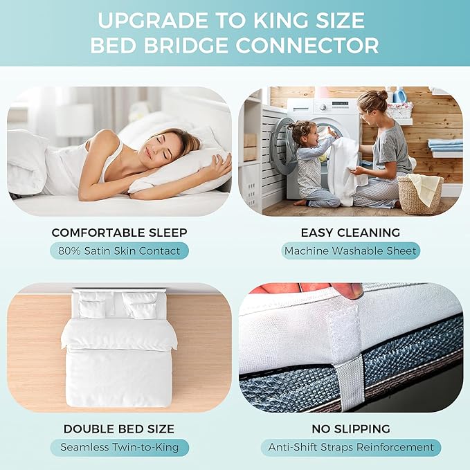 Sheet-Style Bed Bridge Connector for Twin to King Mattresses - Removable Foam Gap Filler with Locking Straps (Also Fits Twin XL/King)