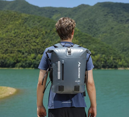 MARCHWAY Roll Top Waterproof Backpack, Floating Dry Bag 20L/30L/45L with Ergonomic Rectangular Base, Cushioned Back, Hip Strap for Hiking Camping Kayaking Travel (Grey, 45L)