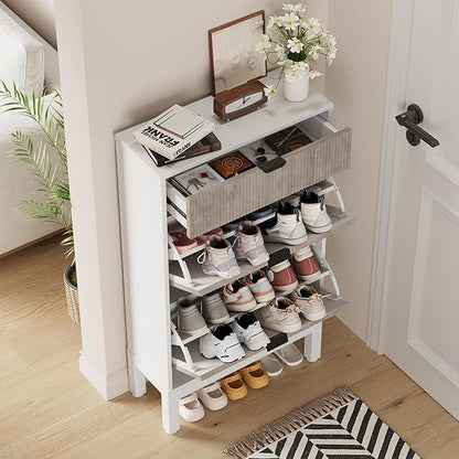 GAOMON Shoe Cabinet with 2 Flip Drawers, Entryway Cabinet with Adjustable Shelves, Accommodate 8 to 12 Pair of Shoes, Space-Saving Slim Shoe Cabinet for Entryway, Hallway, Front Door, White Grey