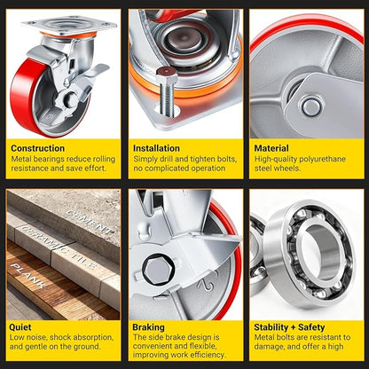 5 Inch Heavy Duty Caster Wheels Set Of 4 Industrial Casters With Side Brake,Load 4000Lbs,Polyurethane Silent Steel Wheels,for Heavy Duty Die,Industrial Equipment Movement,U-Boat Cart(4 SideBrake)