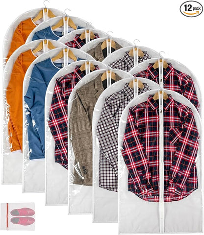 Clear Garment Bag Suit Bags for Closet Storage, Vinyl Garment Bags for Hanging Clothes, Coat Covers for Closet with Zipper and Plastic Garment Bags for Hanging Clothes - 24'' X 40''/12 Pack