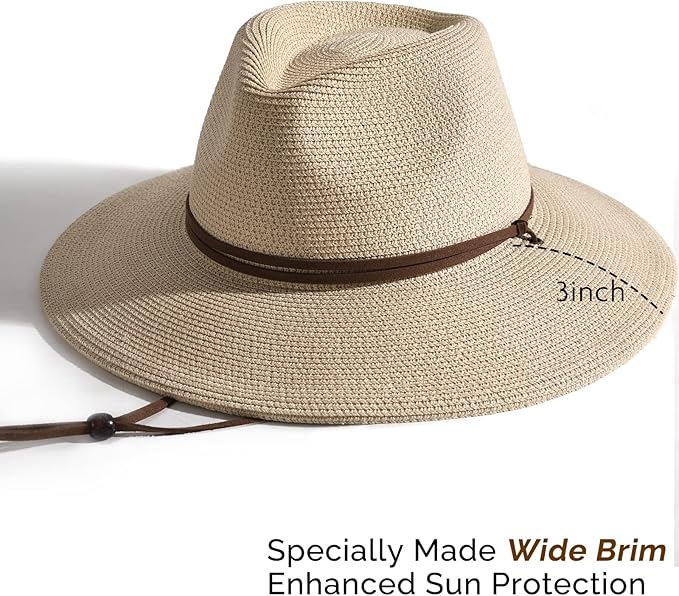 FURTALK Womens Summer Straw Sun Hats Wide Brim Panama Fedora Beach Hat with Wind Lanyard UPF 80+