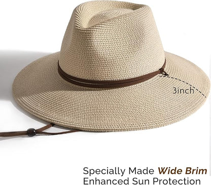 FURTALK Womens Summer Straw Sun Hats Wide Brim Panama Fedora Beach Hat with Wind Lanyard UPF 80+