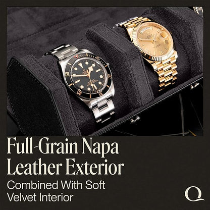 QWATCHBANDS Napa Leather Watch Rolls for Men - Hexagon Triple Watch Roll Travel Case for 3 Watches - Storage Organizer Genuine Leather with Velvet Interior Display (Black/Charcoal)