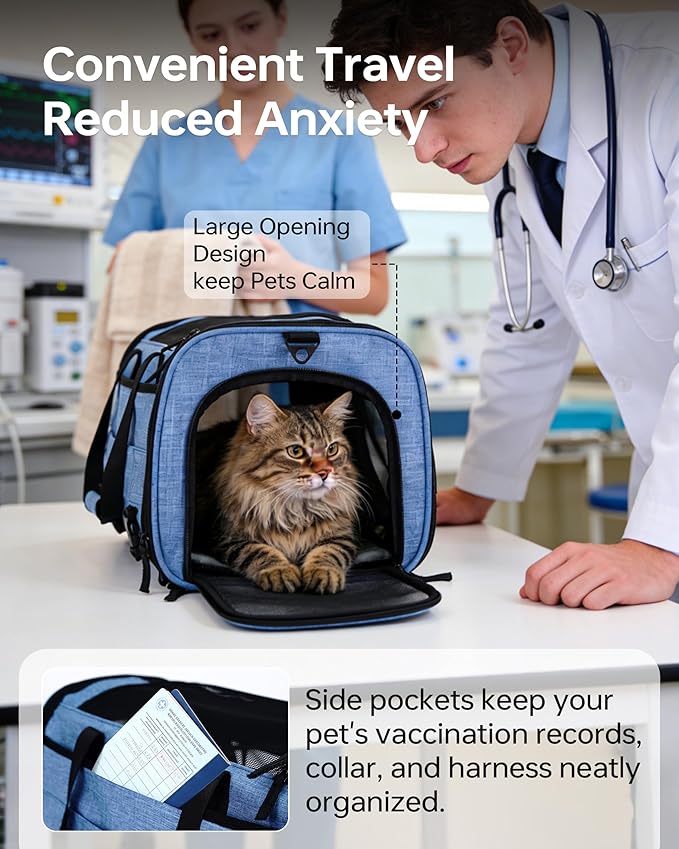 Pet Carrier with Removable Wheels American Airline Approved, Rolling Cat Carrier with Telescopic Handle and Shoulder Strap, Breathable Soft-Sided Carrier with Locking Zipper for Small Cats Dogs(Blue)